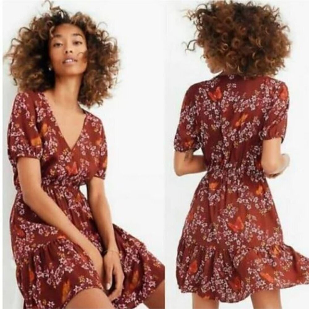 Madewell Ruffle Wrap in Windowbox Floral Butterfly Print V Neck Dress - Size 2 - Picture 1 of 10